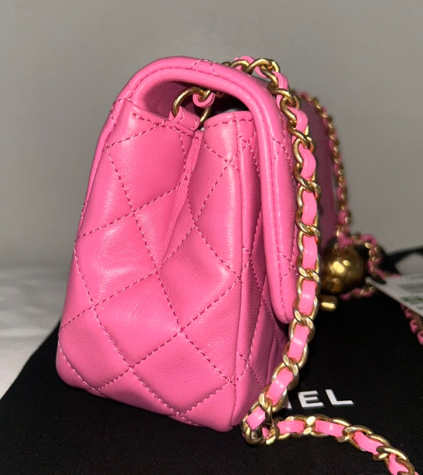 CHANEL Mini Square Pearl Crush Flap Bag Quilted Lambskin Pink / Gold