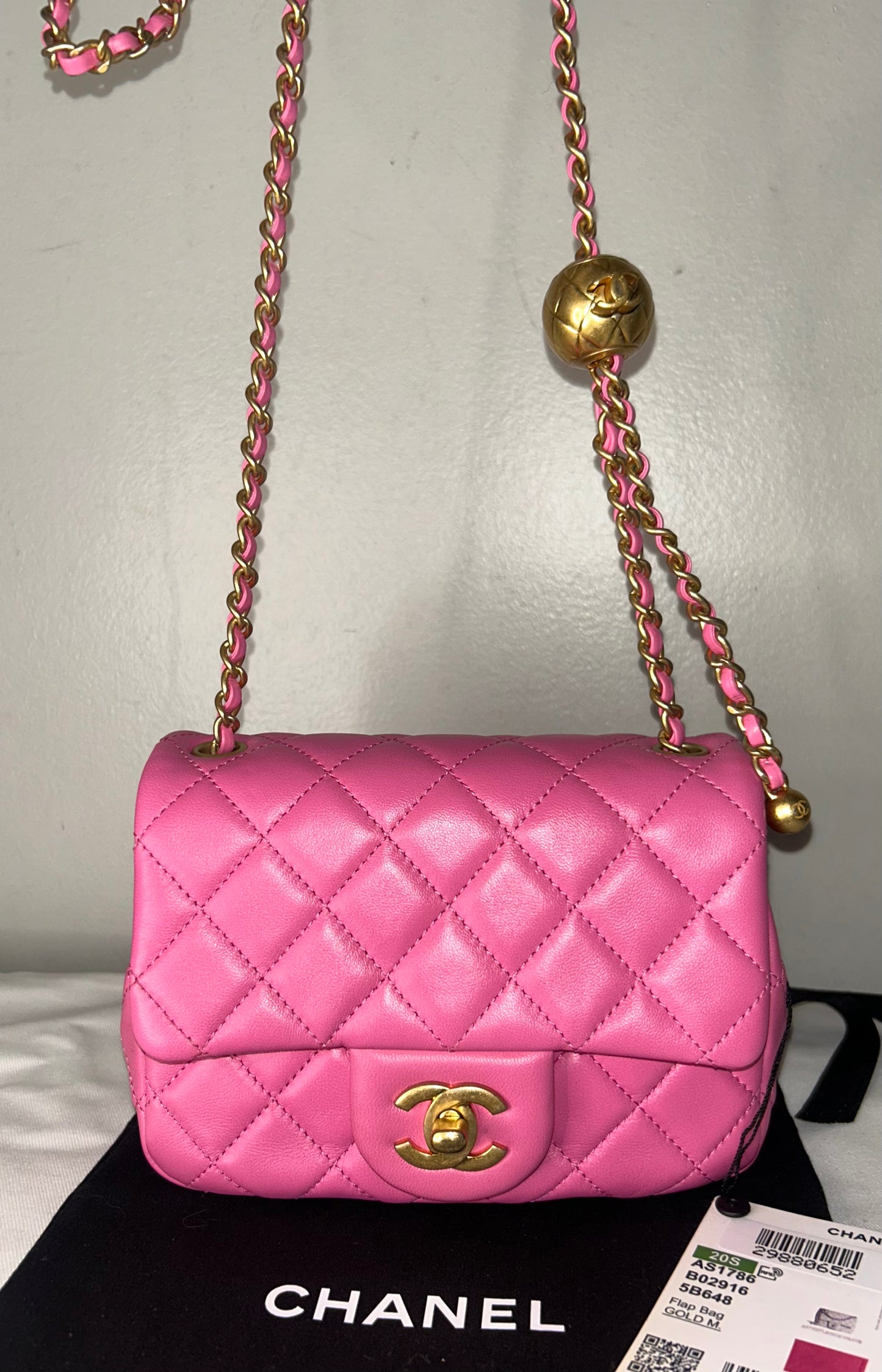 CHANEL Mini Square Pearl Crush Flap Bag Quilted Lambskin Pink / Gold