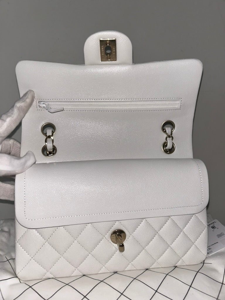 CHANEL 23K Small Classic Double Flap Caviar Handbag White