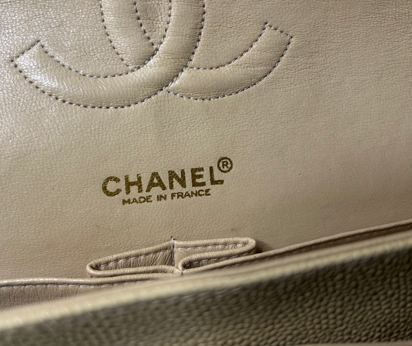 CHANEL Medium Classic Double Flap Caviar Quilted Handbag Beige Clair / 24k Gold