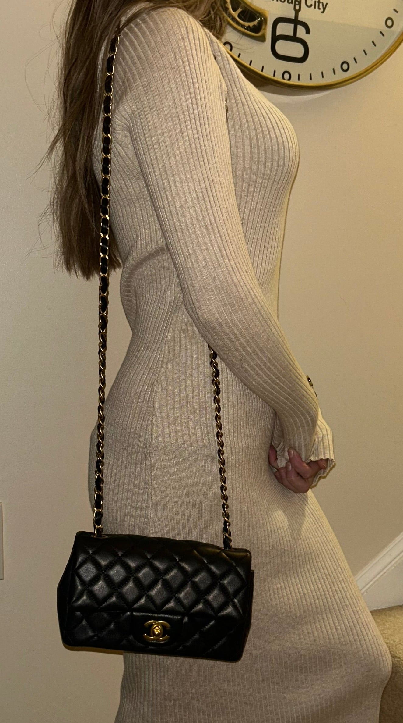 CHANEL Classic Mini Rectangular Flap Bag Quilted Lambskin Black / Gold