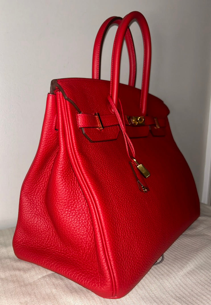 HERMES Birkin 35 Rouge Casaque Clemence Gold Hardware Handbag