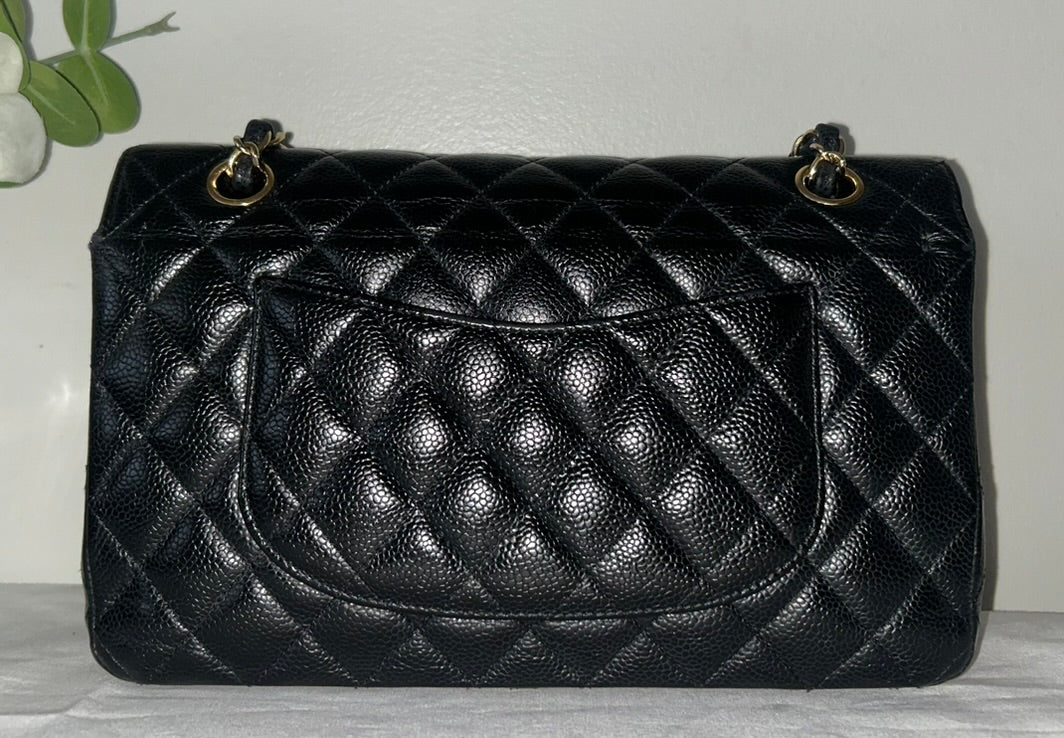 CHANEL Medium Classic Double Flap Caviar Quilted Handbag Black / Gold