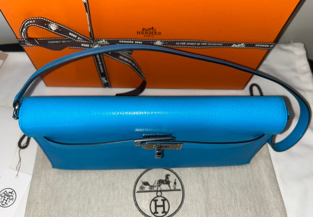 HERMÈS Kelly Elan Bleu Zanzibar Chevre Chamkila Leather Shoulder Bag
