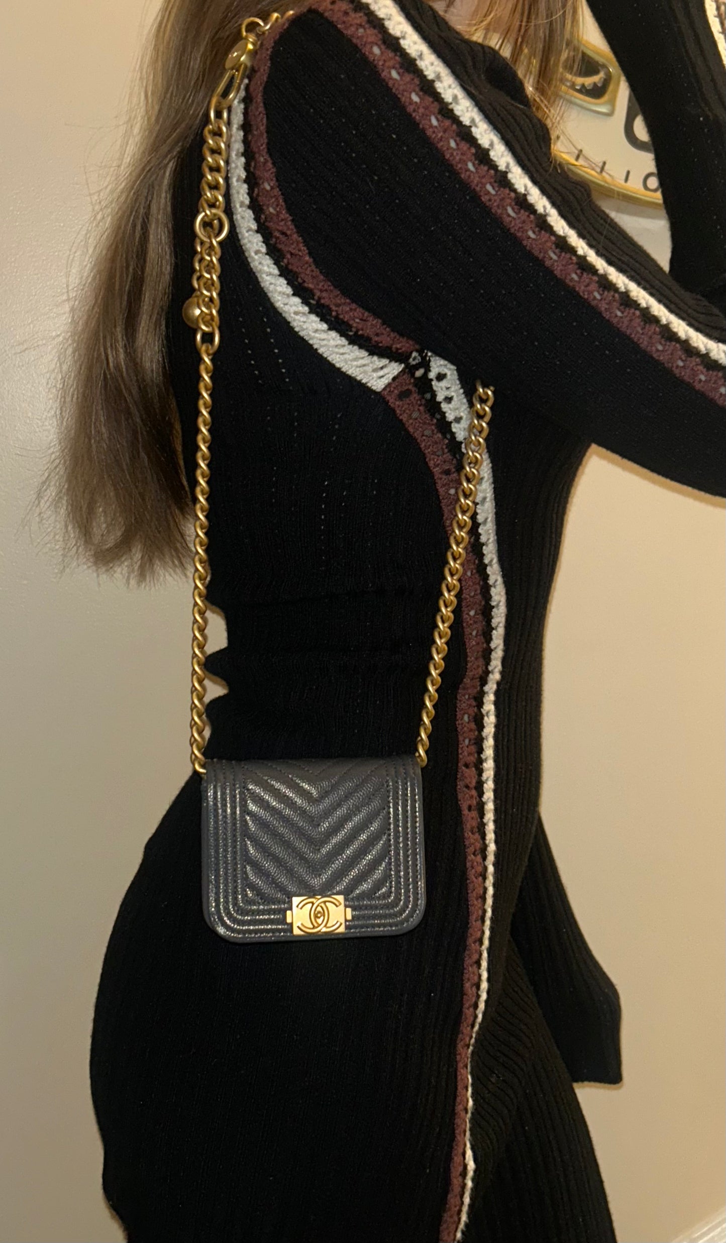 CHANEL Boy Chevron Quilted Caviar Leather Belt Bag in Dark Gray