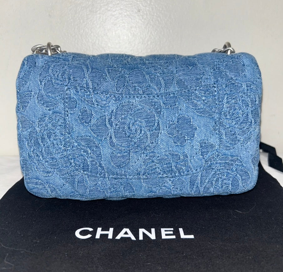 CHANEL 23P Sweetheart Crush Mini Flap Camellia Quilted Denim Blue Bag