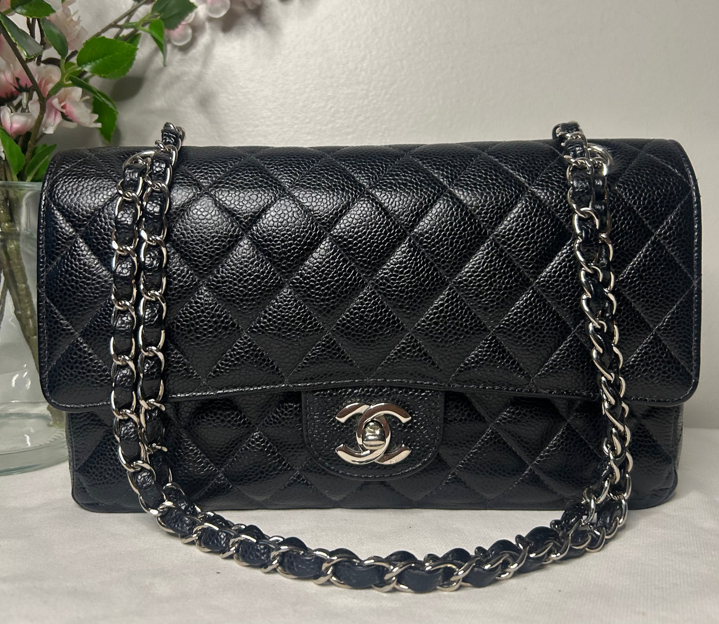 CHANEL Medium Classic Double Flap Caviar Quilted Handbag Black