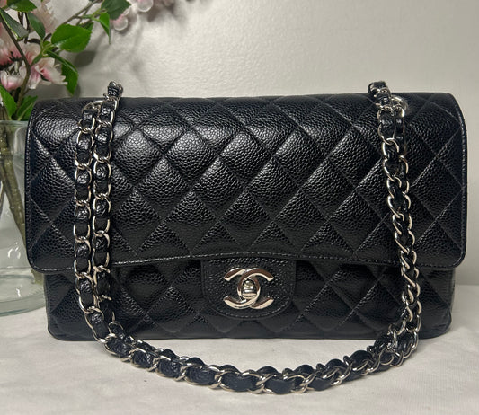 CHANEL Medium Classic Double Flap Caviar Quilted Handbag Black