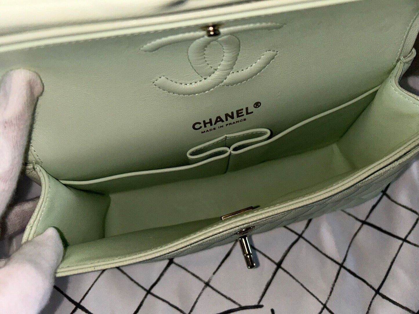 CHANEL 22C Small Classic Double Flap Caviar Handbag Mint/Light Gold HW