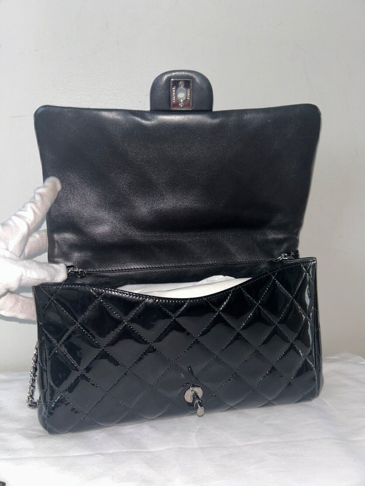 CHANEL Classic CC Quilted Flap Shoulder Bag Patent Leather Black