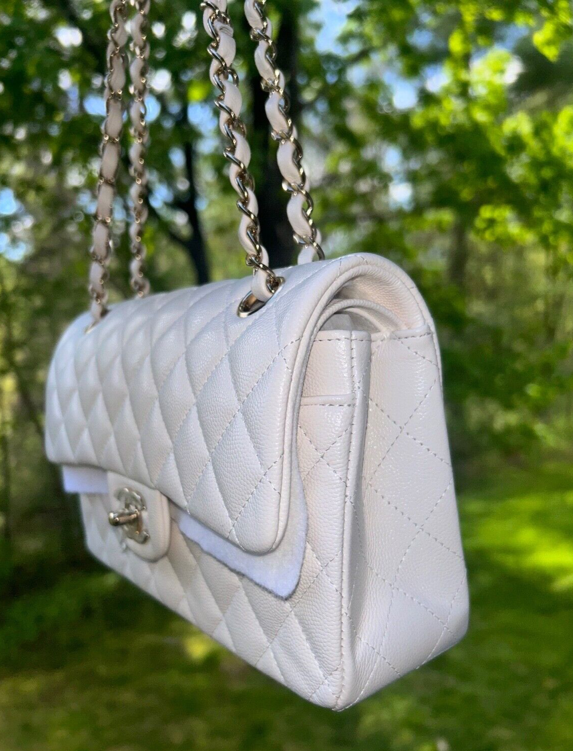 CHANEL Small Classic Double Flap Caviar Handbag White / Light Gold