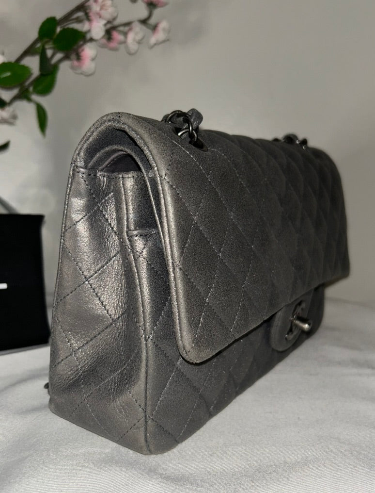 CHANEL Medium Double Flap Metallic Gray Pearlescent Leather Quilted Handbag