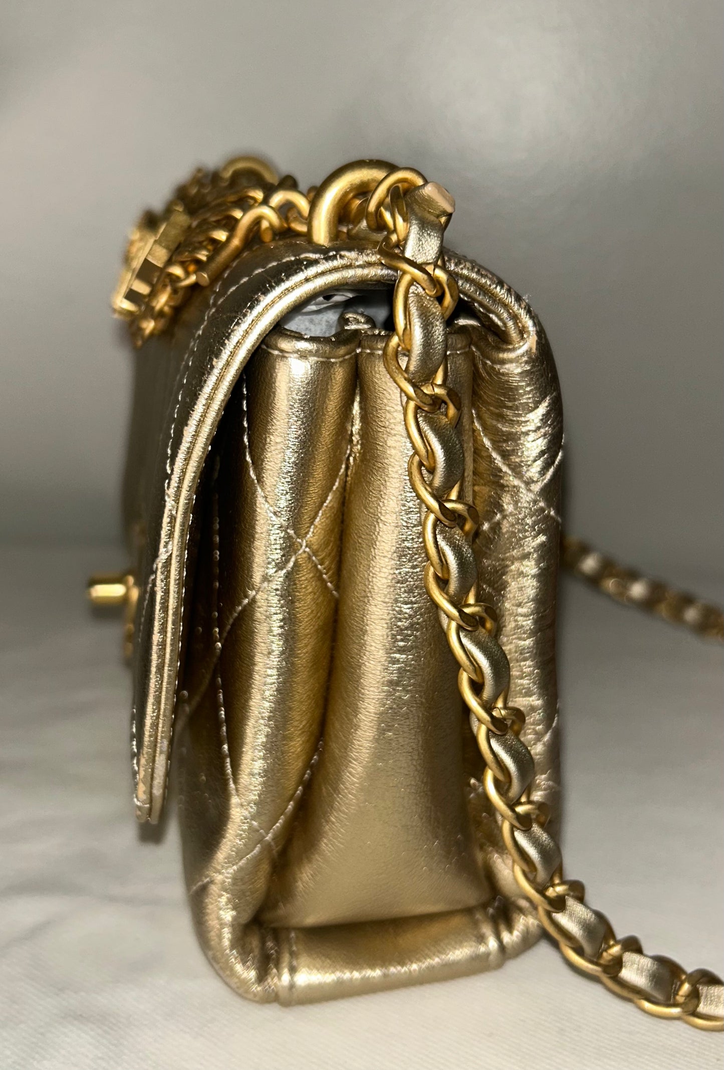 CHANEL CC Crystal Logo Metallic Mini Flap Bag Quilted Lambskin Gold