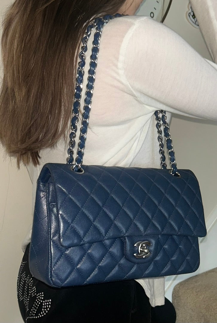 CHANEL Medium Classic Double Flap Caviar Quilted Handbag Dark Navy