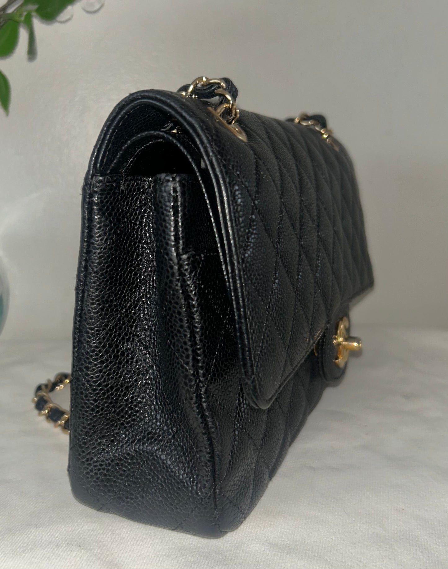 CHANEL Medium Classic Double Flap Caviar Quilted Handbag Black / Gold