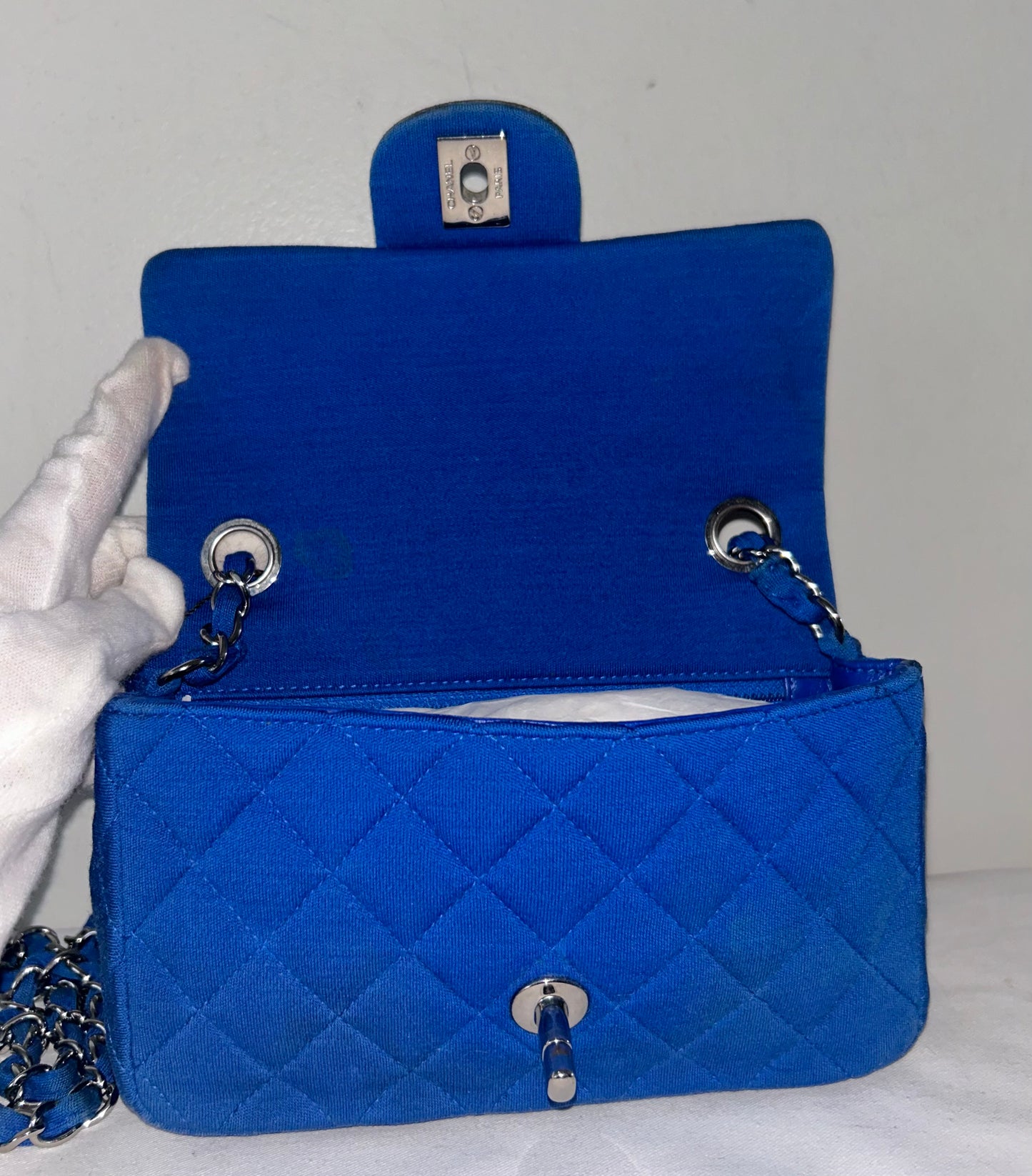 CHANEL Classic Mini Rectangular Single Flap Bag Quilted Jersey Blue