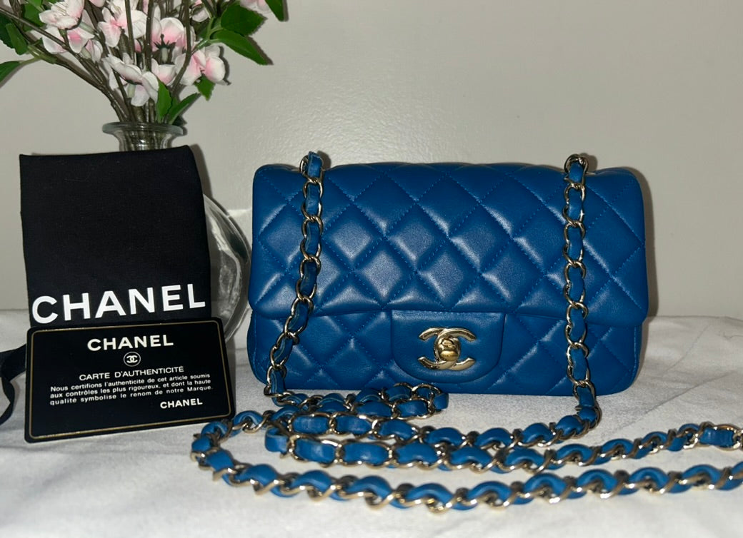 CHANEL Classic Mini Rectangular Flap Bag Quilted Lambskin Blue / Gold