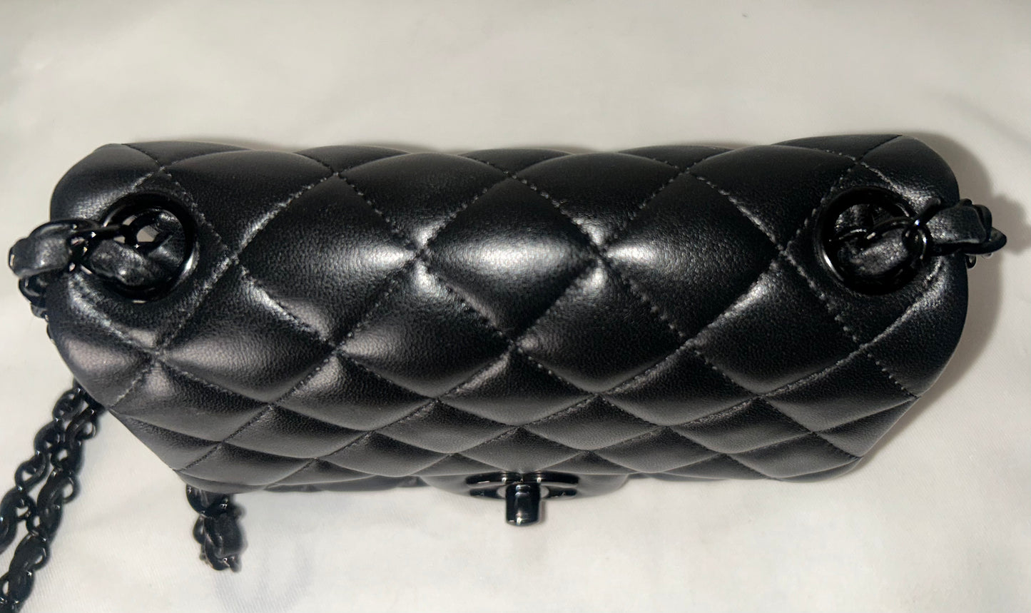 CHANEL "So Black" Mini Square Classic Flap Bag Quilted Lambskin Black