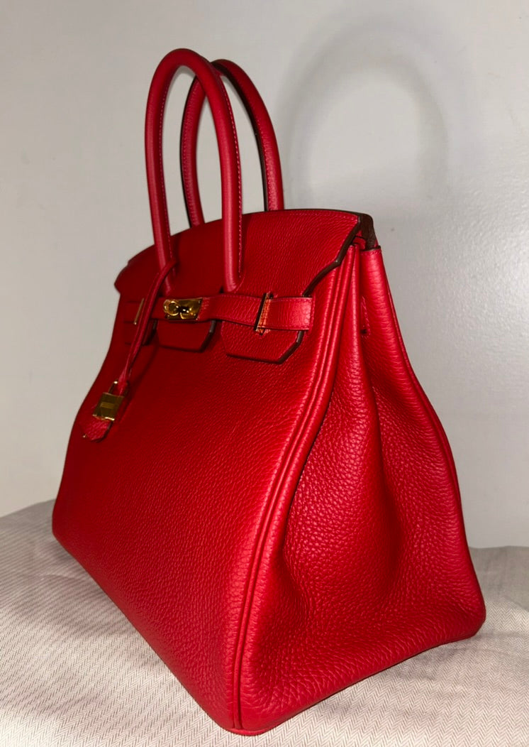 HERMES Birkin 35 Rouge Casaque Clemence Gold Hardware Handbag