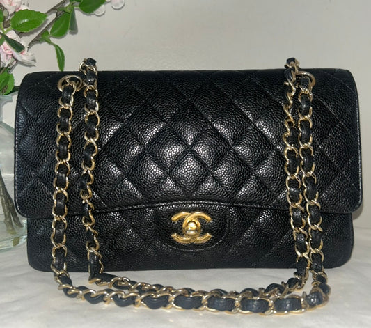 CHANEL Medium Classic Double Flap Caviar Quilted Handbag Black / Gold