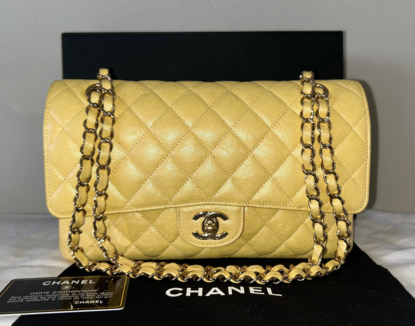 CHANEL Classic Iridescent Caviar Quilted Medium Double Flap Handbag Yellow