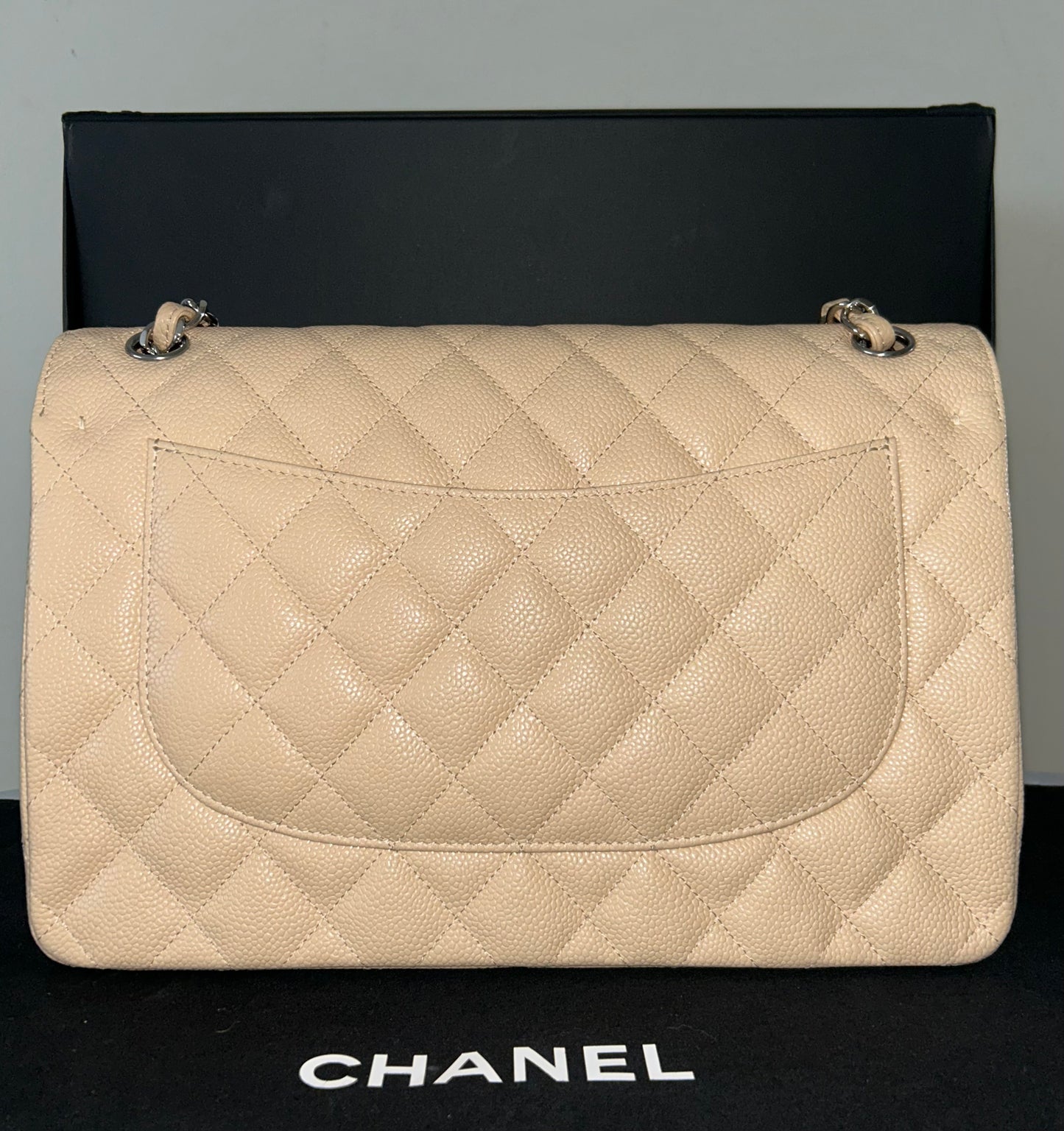 CHANEL Classic Jumbo Double Flap Quilted Caviar Leather Handbag Beige Clair