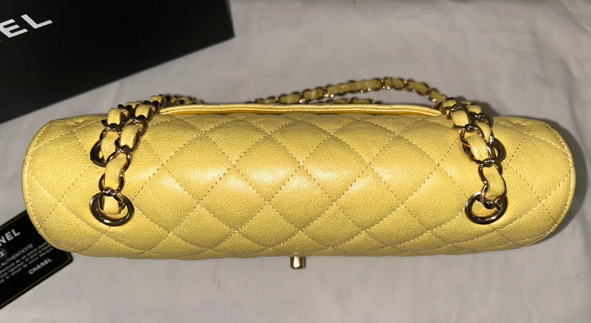 CHANEL Classic Iridescent Caviar Quilted Medium Double Flap Handbag Yellow