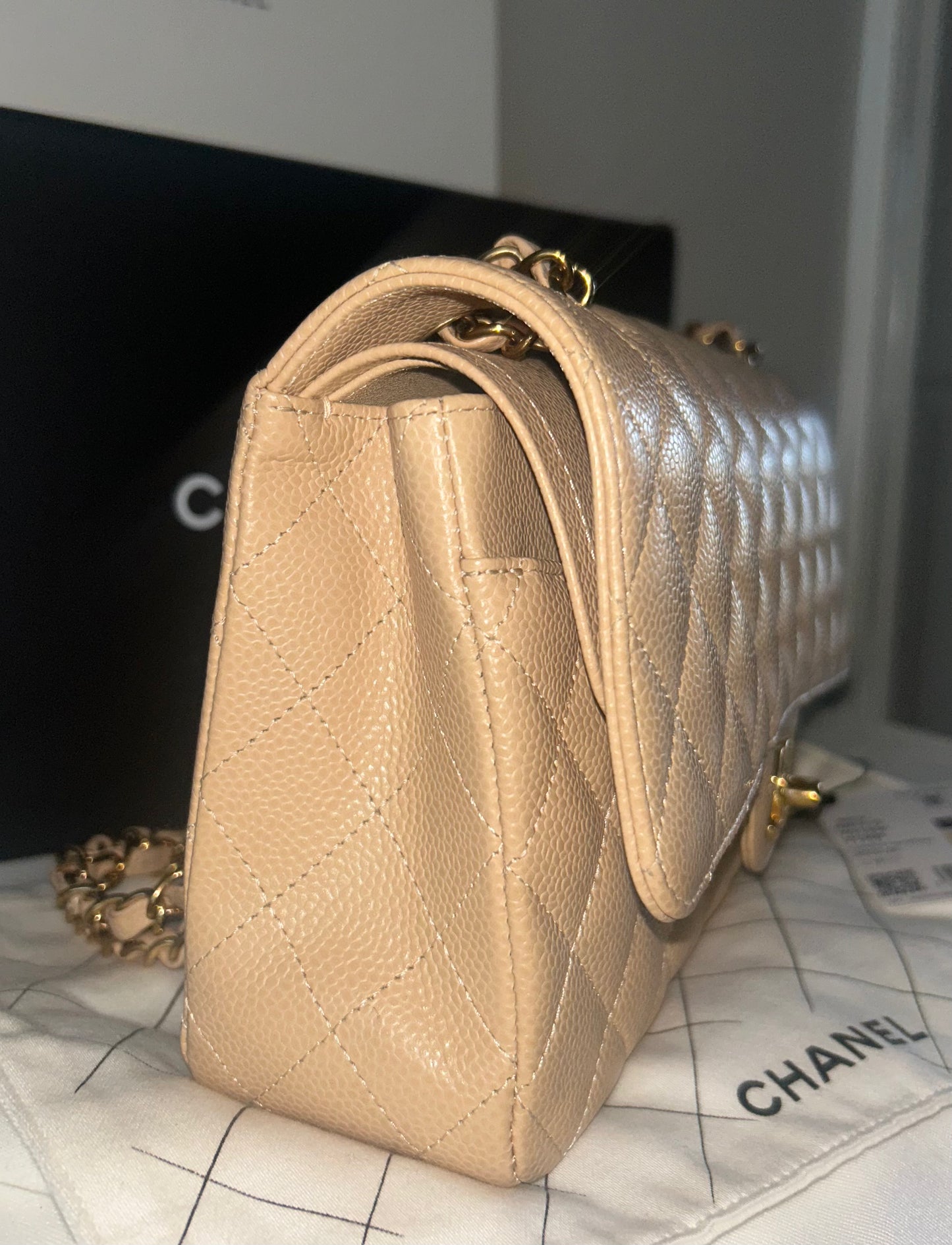 CHANEL 23S Classic Medium Double Flap Caviar Quilted Handbag Beige Clair/ Gold