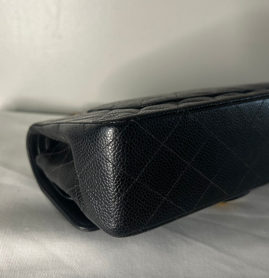 CHANEL Classic Medium Double Flap Quilted Caviar Leather Handbag Black/24K Gold
