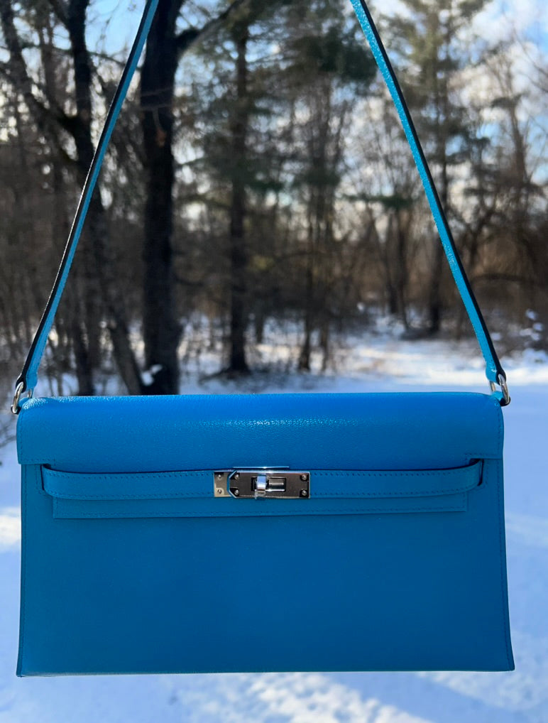 HERMÈS Kelly Elan Bleu Zanzibar Chevre Chamkila Leather Shoulder Bag