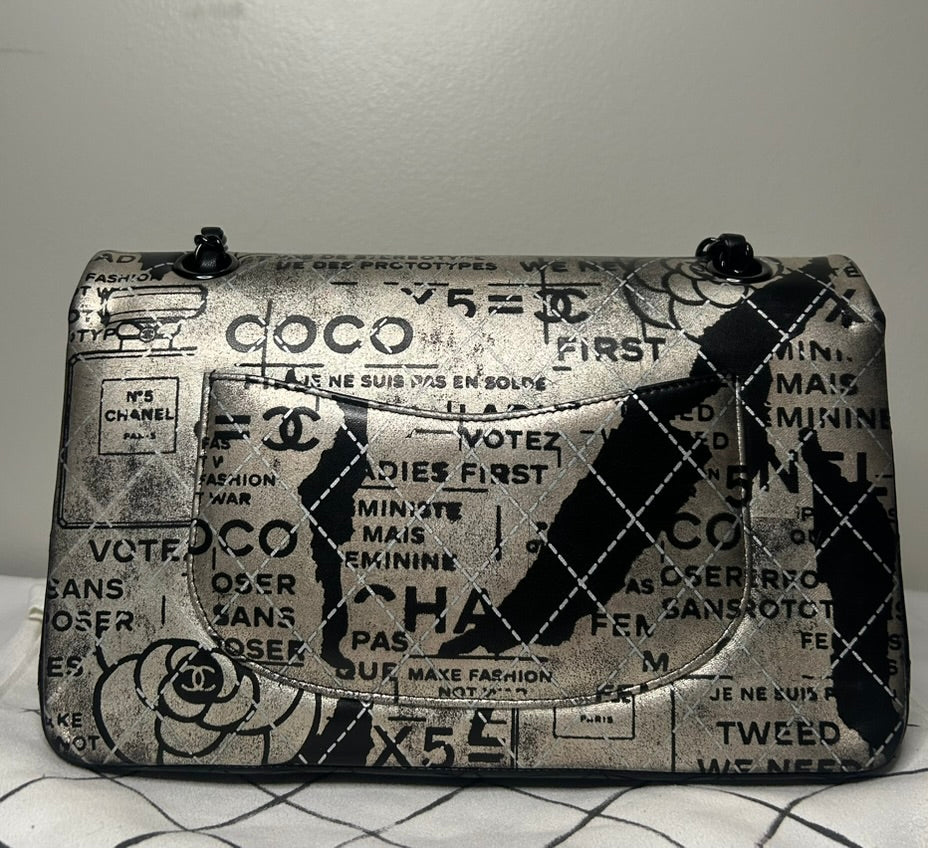 CHANEL Graffiti Newspaper Logo Medium Double Flap Lambskin Handbag Black/Silver