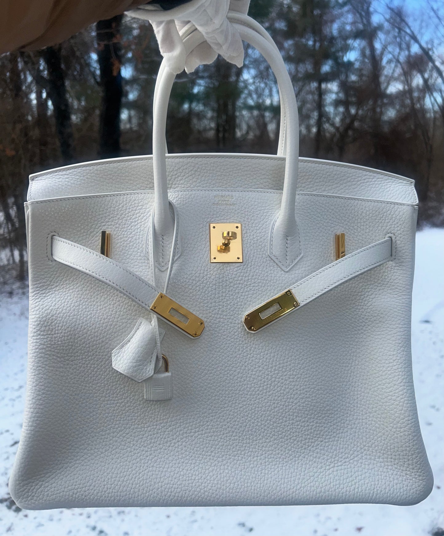 HERMÈS Birkin 35 Blanc White Clemence Leather Gold Hardware Handbag