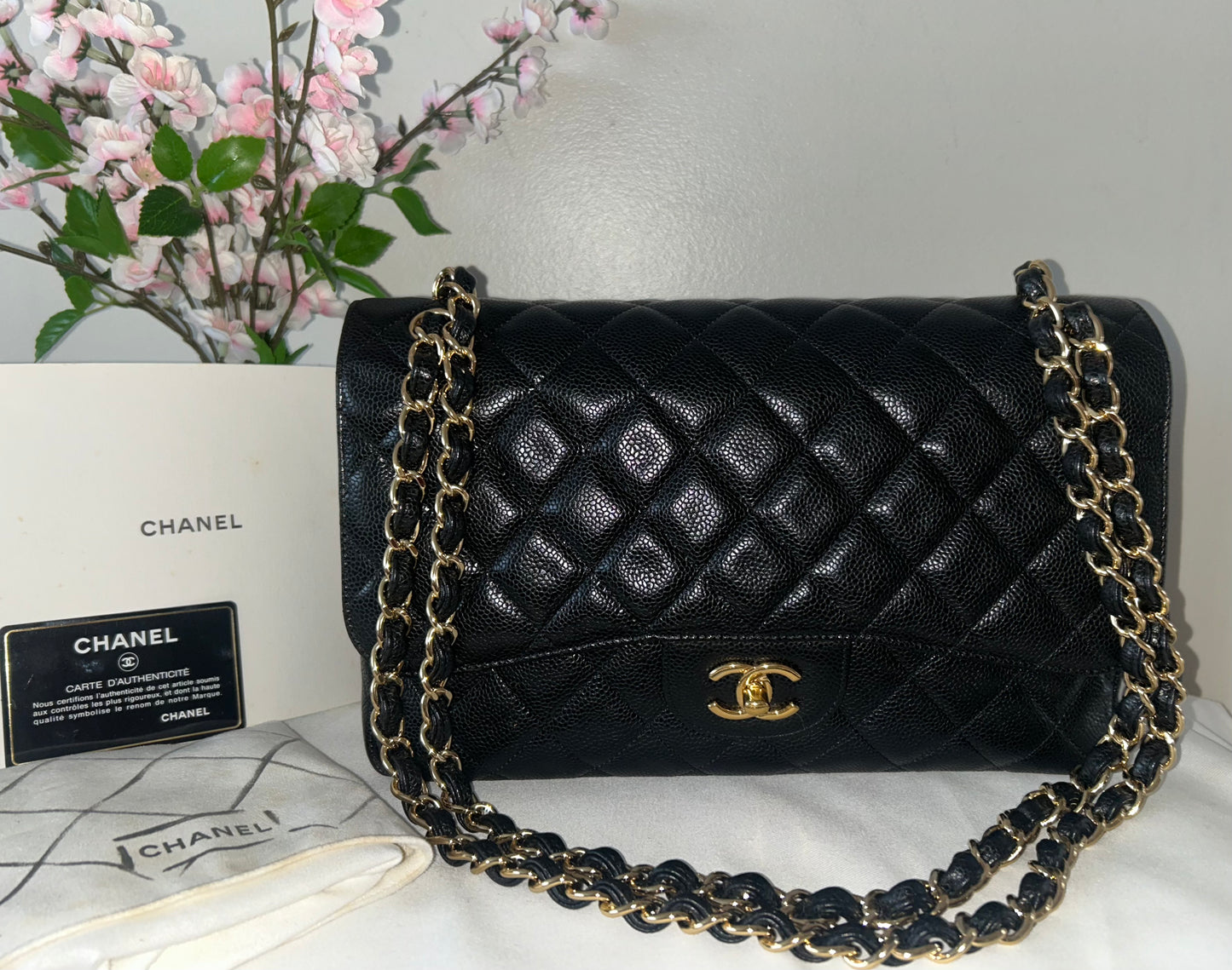 CHANEL Classic Jumbo Double Flap Quilted Caviar Leather Handbag Black/Gold