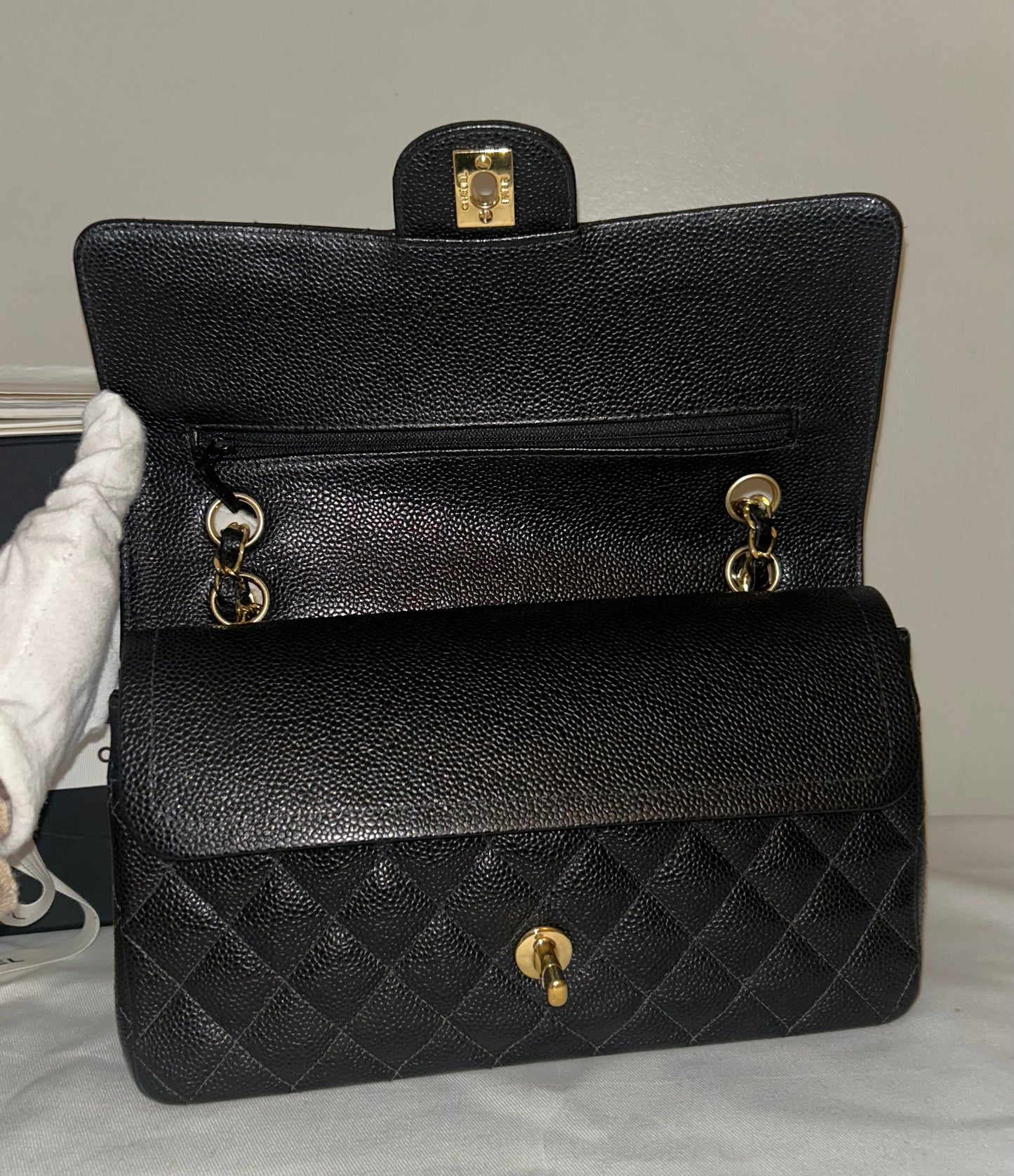 CHANEL Medium Classic Double Flap Caviar Quilted Handbag Black / 24k Gold