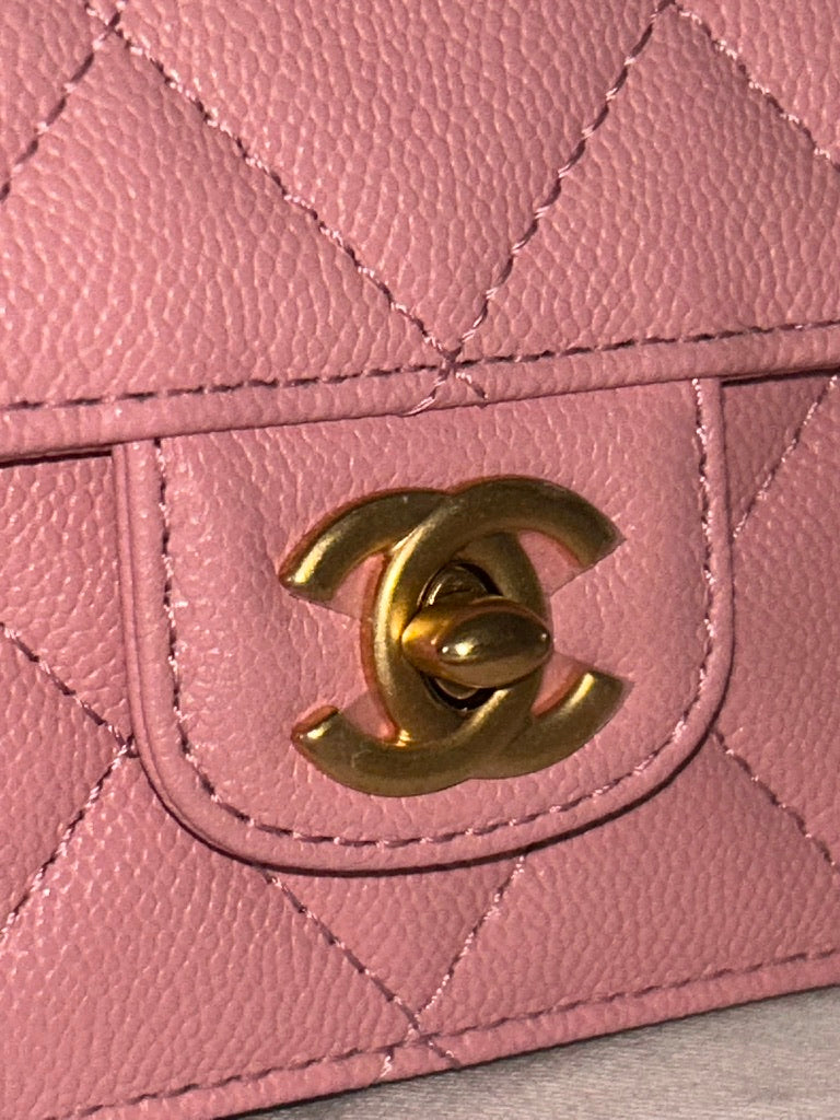 NEW! CHANEL 24K Mini Top Handle Flap Bag Quilted Caviar Light Pink / Gold HW