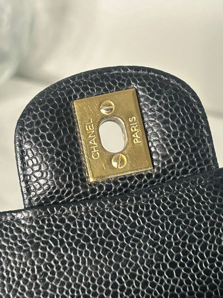 CHANEL Medium Classic Double Flap Caviar Quilted Handbag Black / Gold