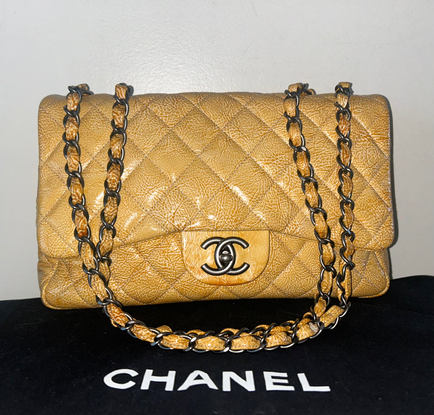 CHANEL Classic Jumbo Quilted Crinkled Patent Leather Handbag Golden Yellow