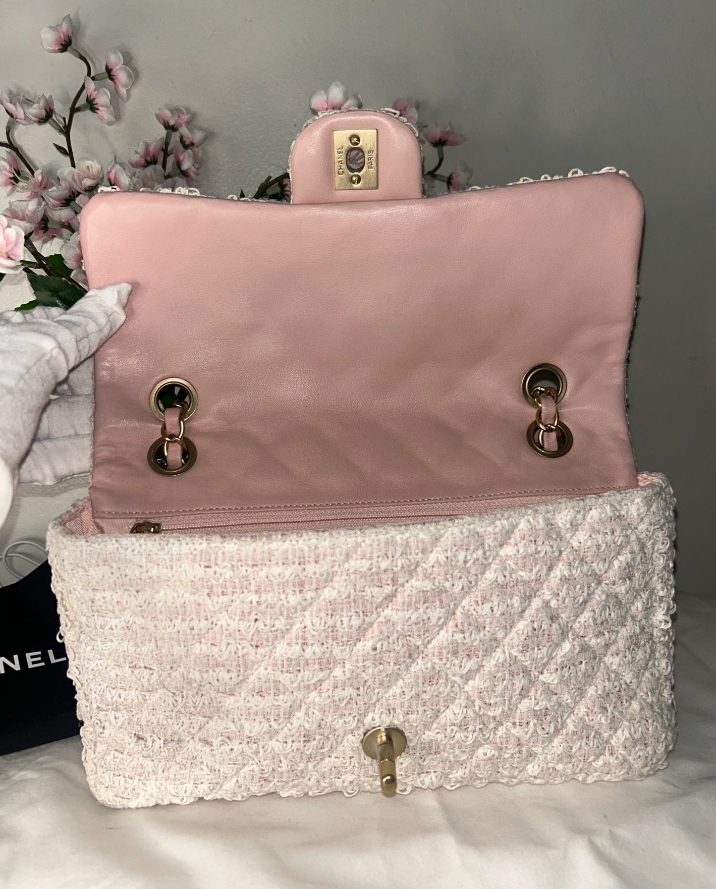 CHANEL Medium Classic Quilted Tweed Single Flap Bag Light Pink / Gold Hardware