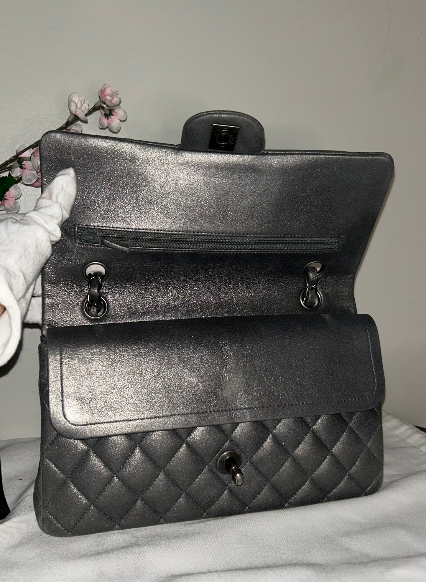 CHANEL Medium Double Flap Metallic Gray Pearlescent Leather Quilted Handbag