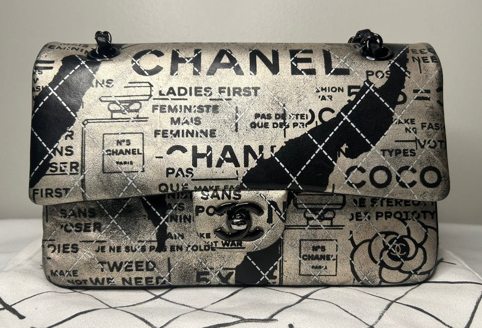 CHANEL Graffiti Newspaper Logo Medium Double Flap Lambskin Handbag Black/Silver