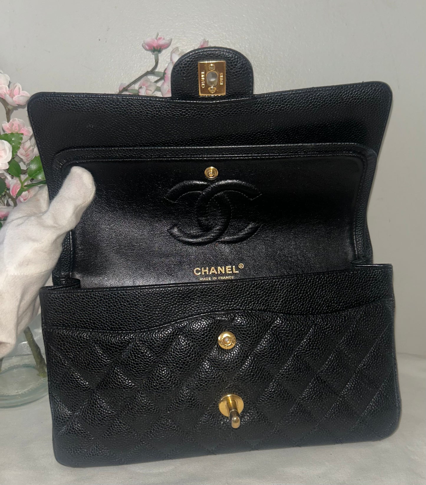 CHANEL Medium Classic Double Flap Caviar Quilted Handbag Black / Gold