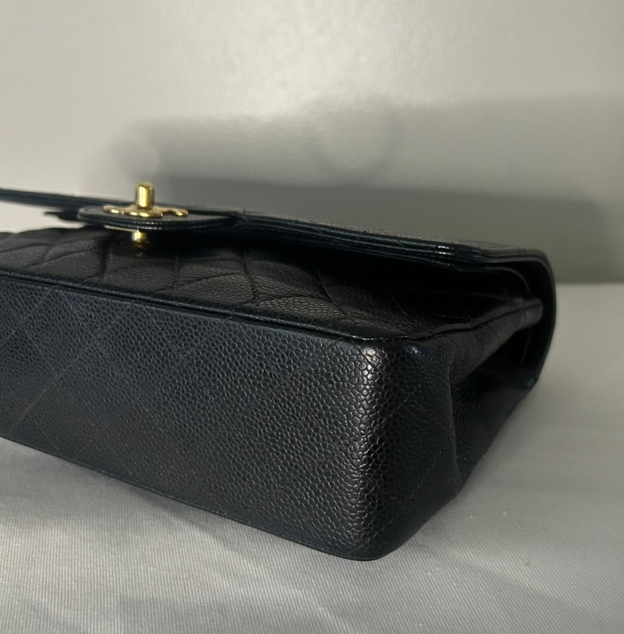 CHANEL Classic Medium Double Flap Quilted Caviar Leather Handbag Black/24K Gold
