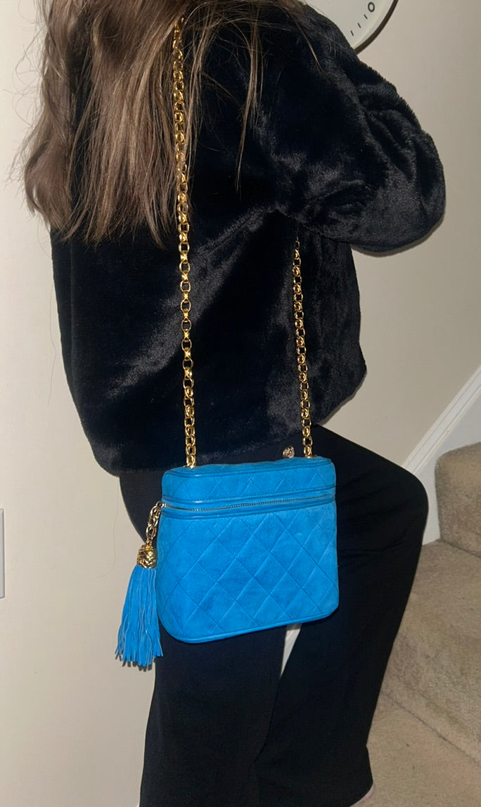 CHANEL Vintage Turquoise Suede Camera Crossbody Bag w/ Tassel 24K Gold Hardware