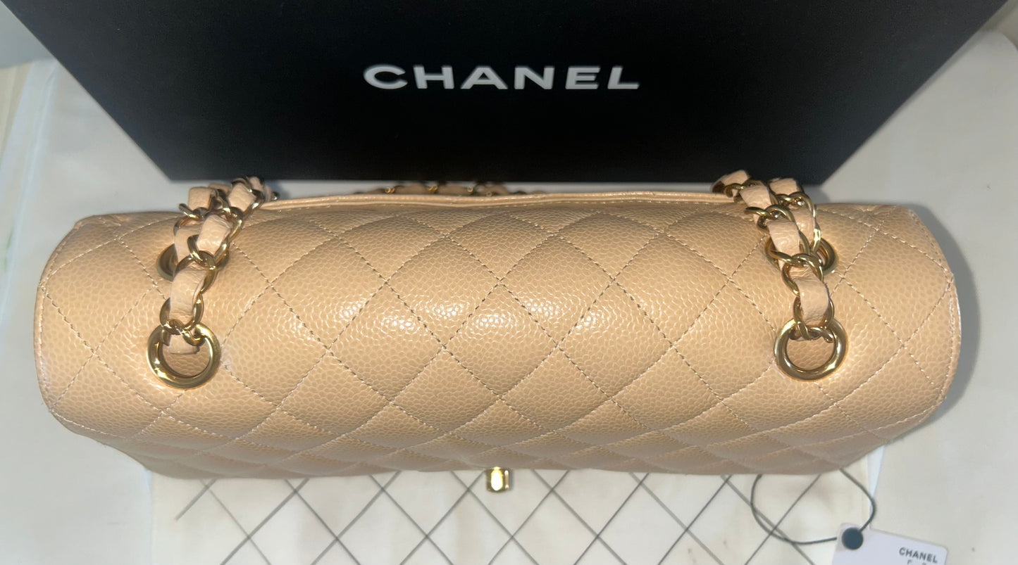 CHANEL 23S Classic Medium Double Flap Caviar Quilted Handbag Beige Clair/ Gold