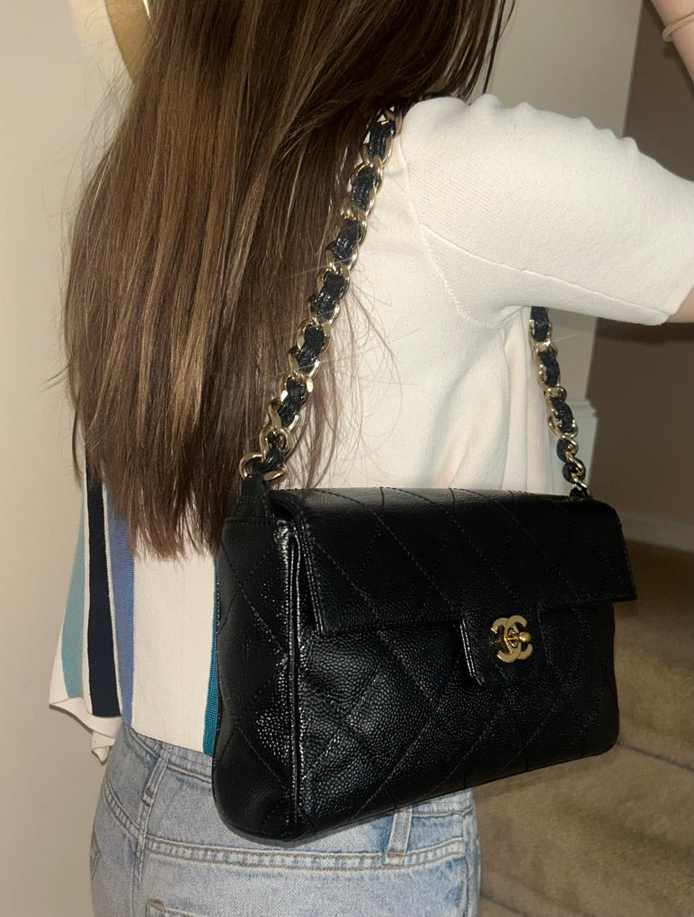 CHANEL Medium Classic Single Flap Quilted Caviar Handbag Black / 24k Gold RARE