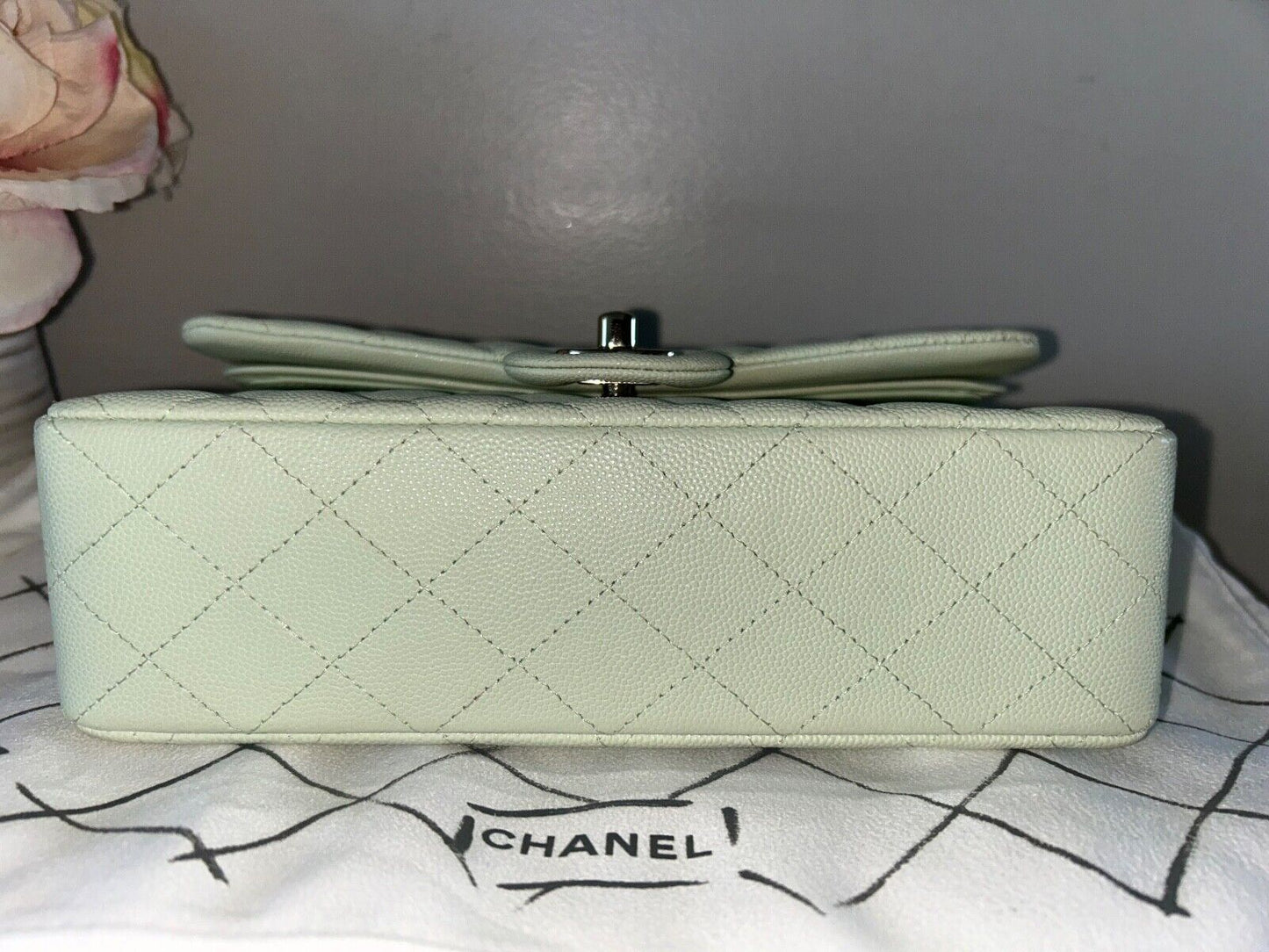 CHANEL 22C Small Classic Double Flap Caviar Handbag Mint/Light Gold HW