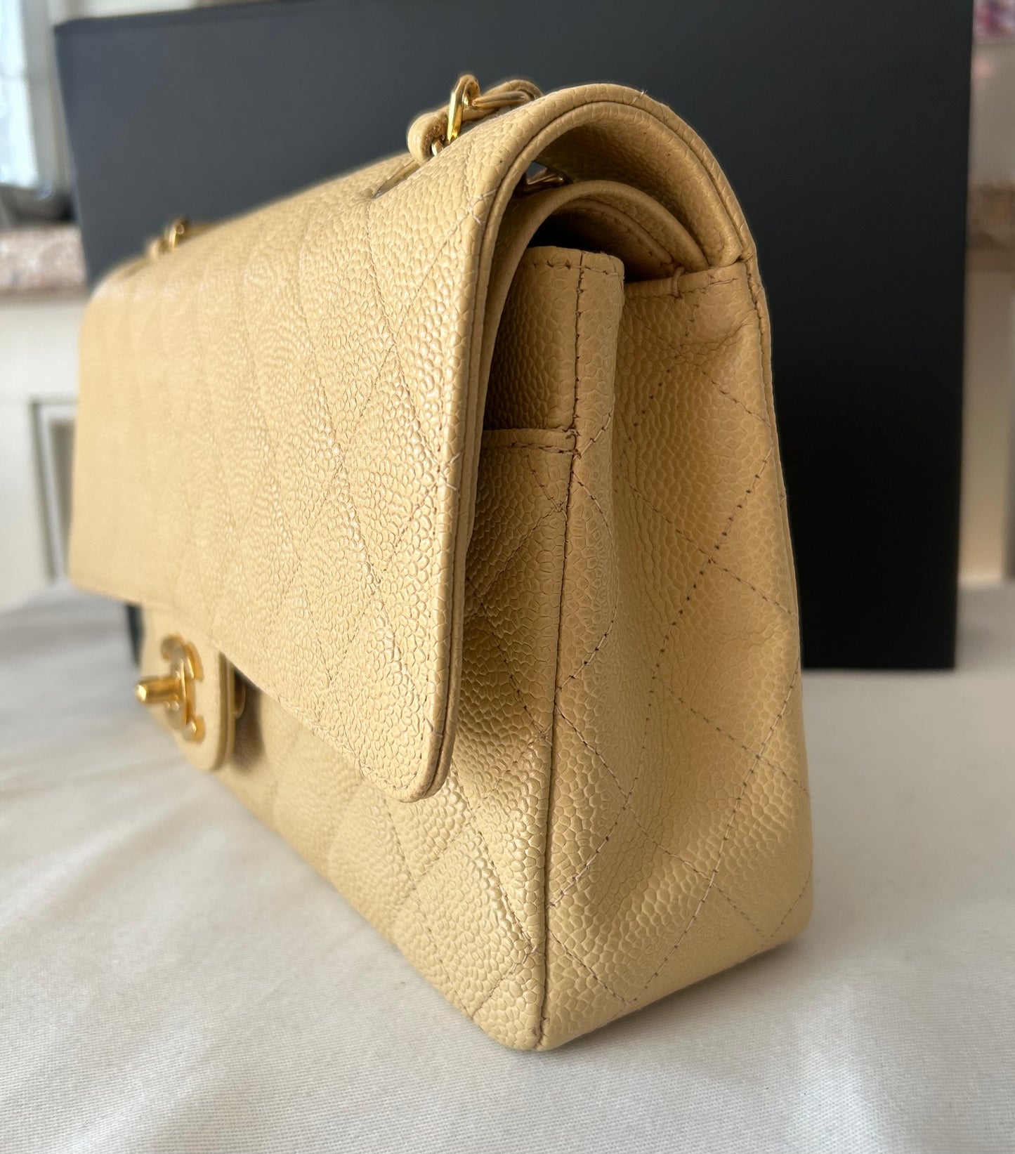 CHANEL Medium Classic Double Flap Caviar Quilted Handbag Beige Clair / 24k Gold