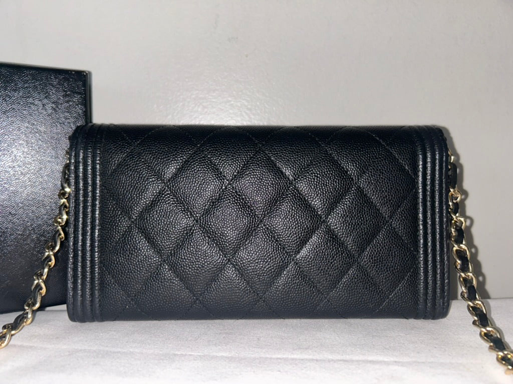 CHANEL CC Boy Wallet on Chain WOC Crossbody Quilted Caviar Leather Black/Gold