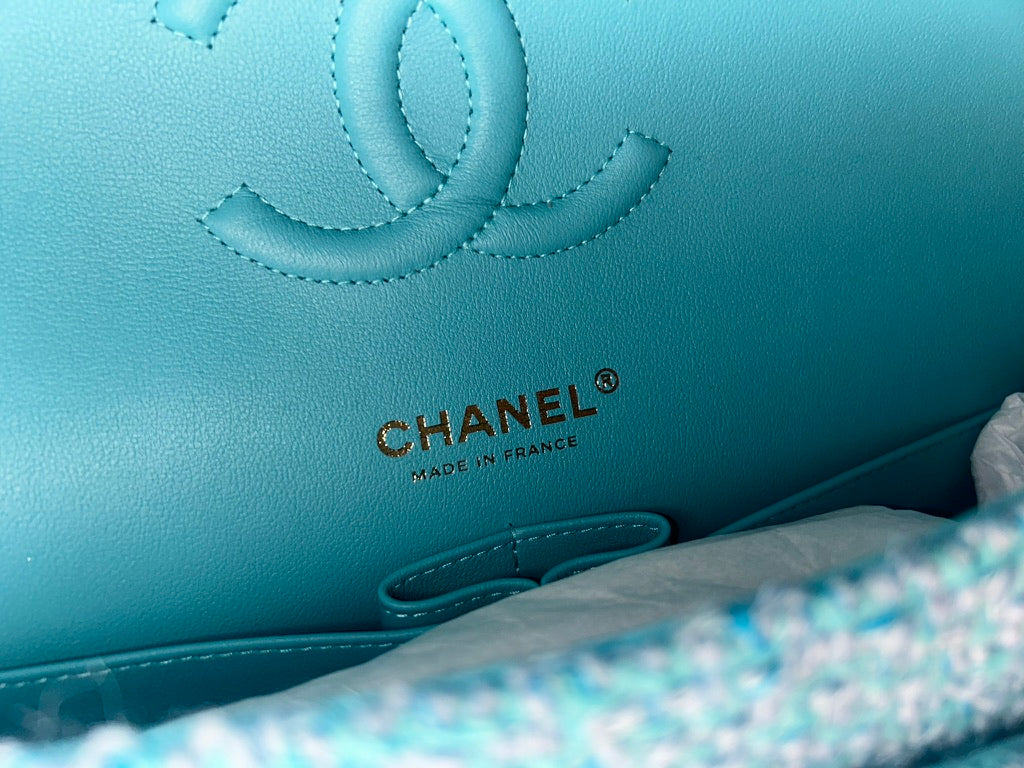 CHANEL 22K Tweed Quilted Medium Double Flap Bag Turquoise/ Gold Hardware