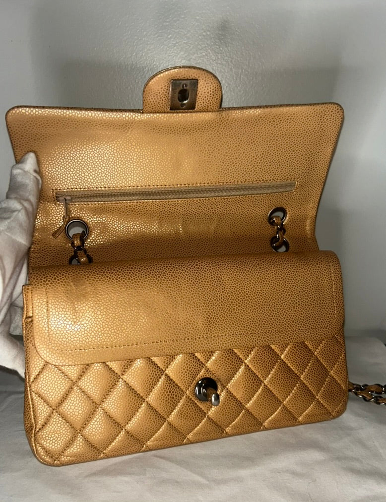 CHANEL Classic Medium Double Flap Metallic Caviar Leather Handbag Golden